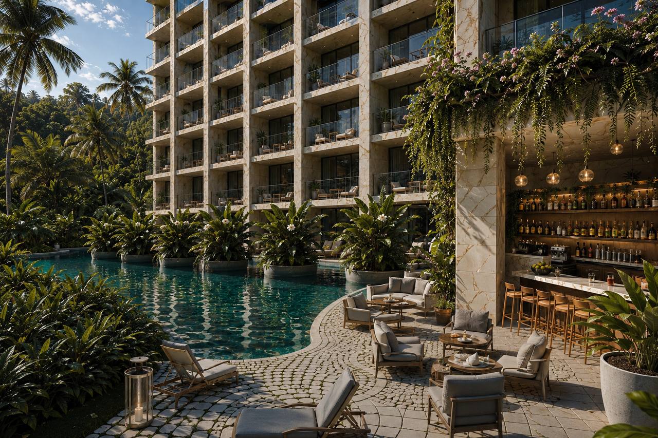 Pool and bar — daytime render