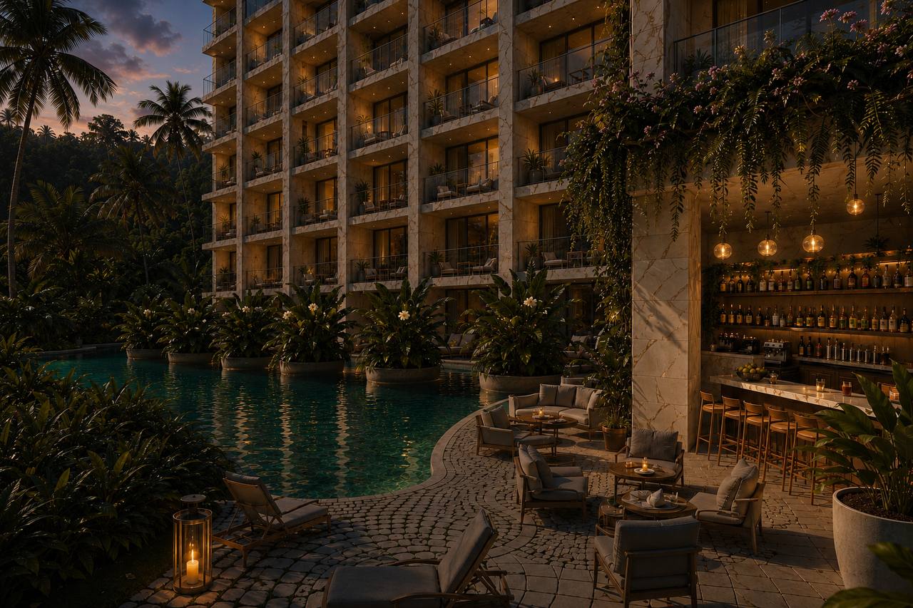 Bar and pool — night render
