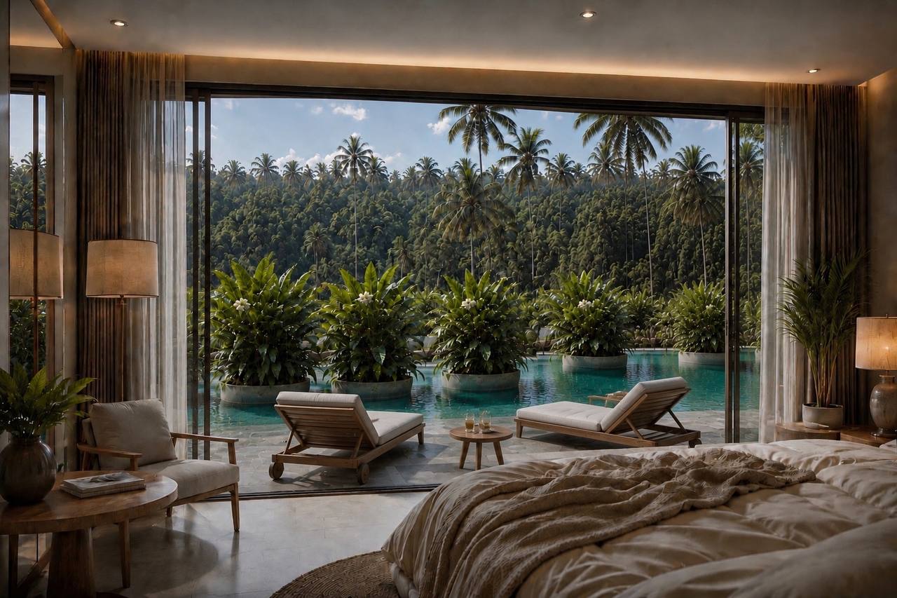 Interior — bedroom with pool view